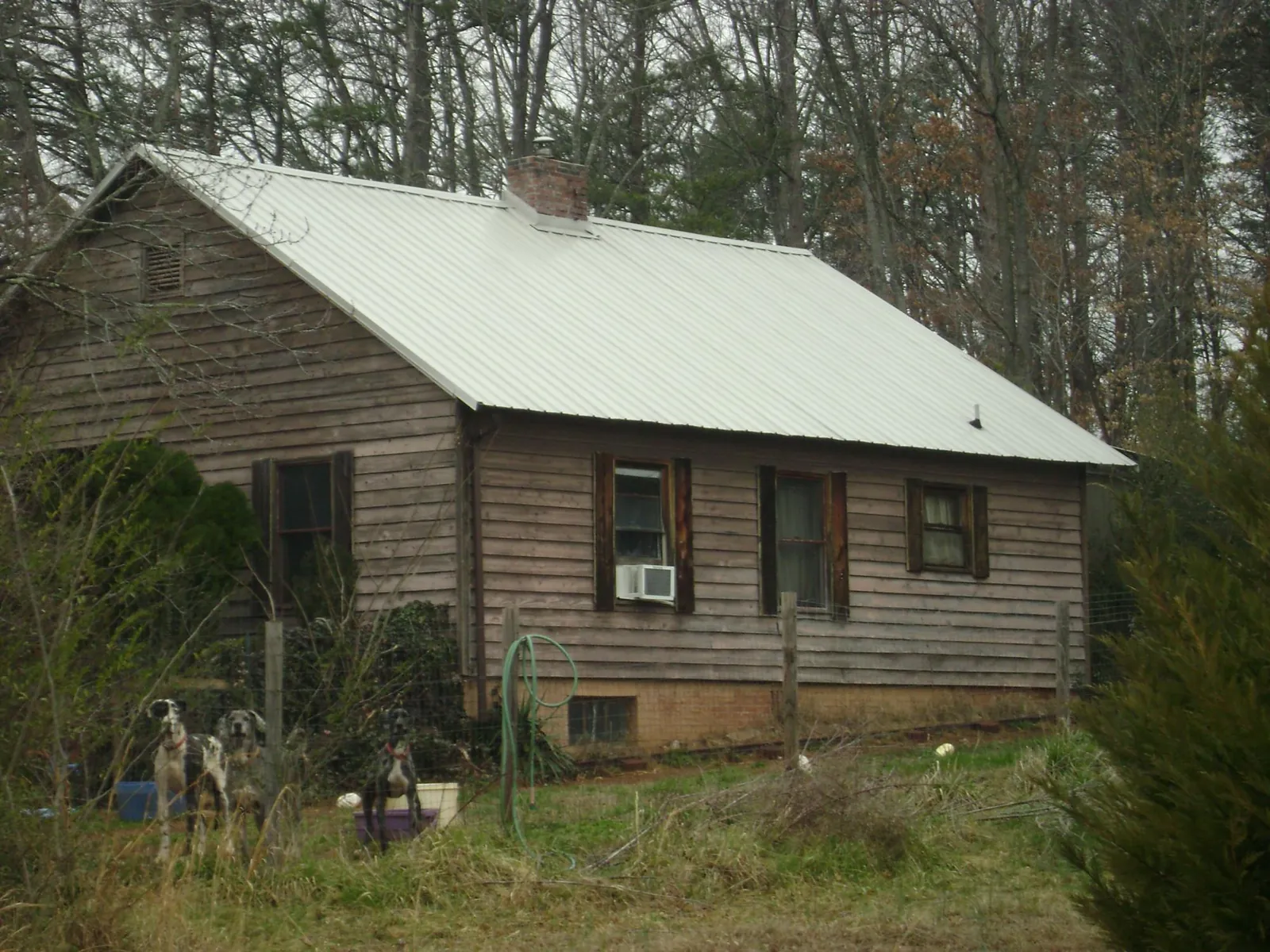 White metal roof on an old wood sided farmhouse, from a Asphalt Shingle Roof Repair job in Bumpass